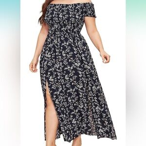 Off-Shoulder Navy Floral Midi Dress with Side Slit